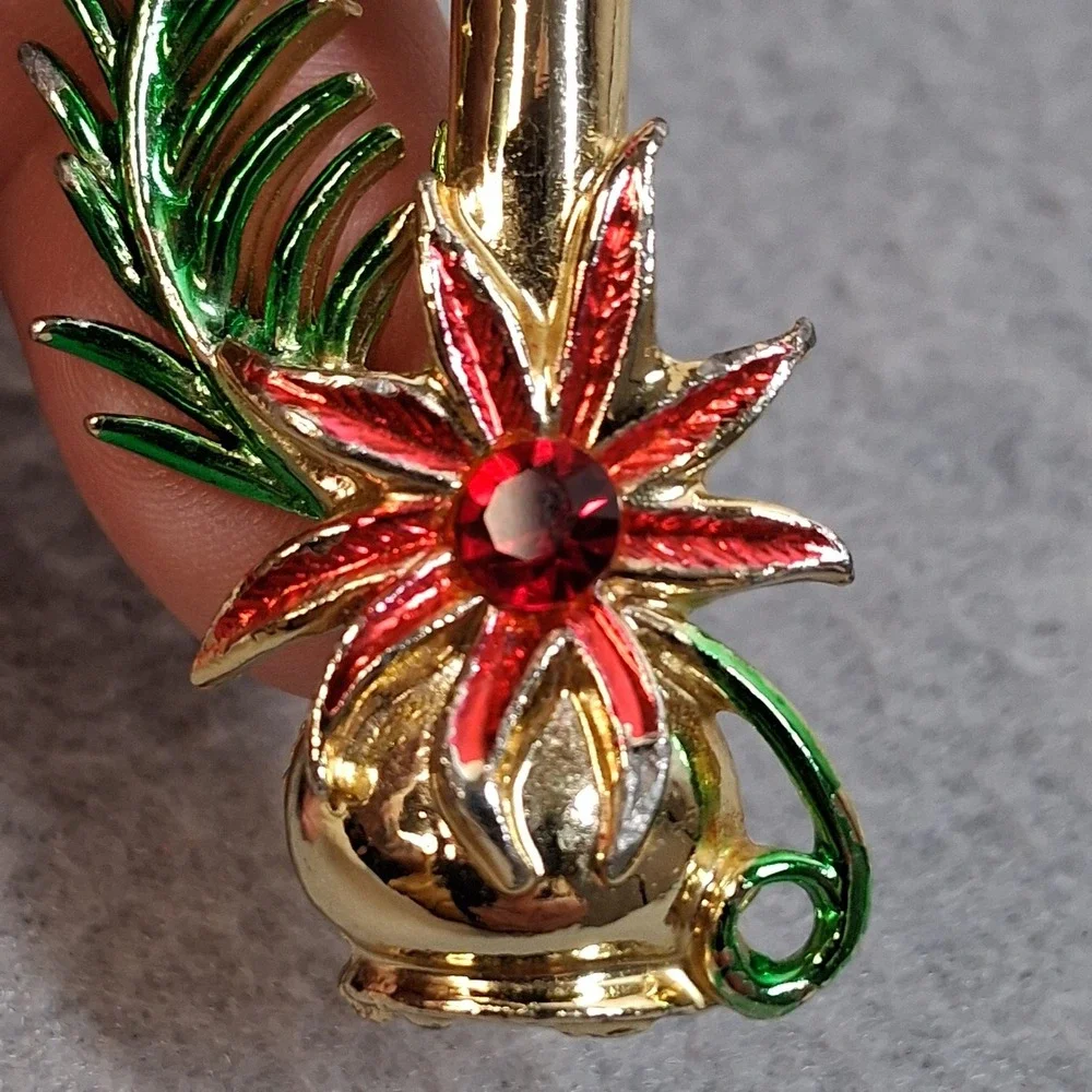 Vintage Christmas Candle Poinsettia Brooch Gold Tone Enamel Rhinestone Pin